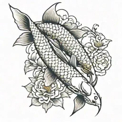 5 koi fish with flowers wrapping dragon flying tattoo design idea