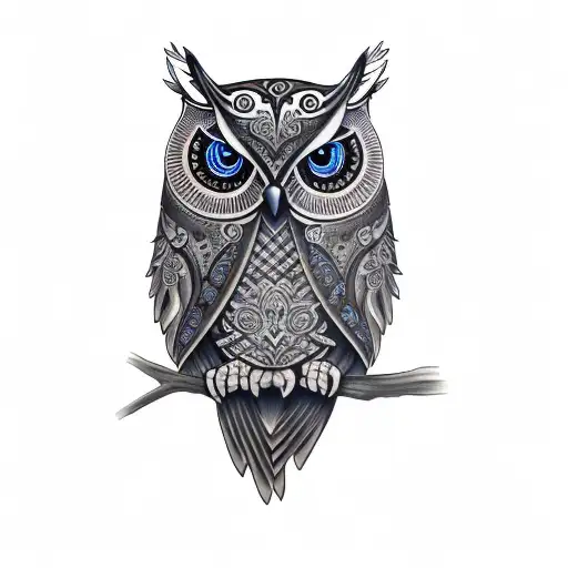 owl in branches with blue eyes tattoo design idea