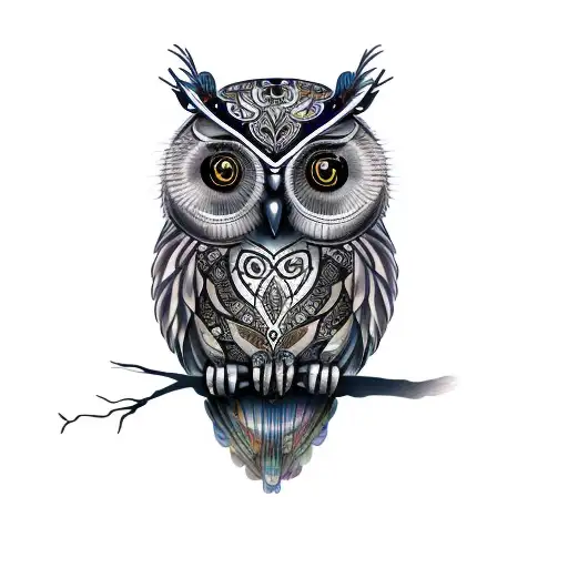 a coloured realistic owl in a branch tattoo design idea