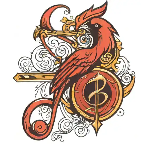 music symbol with semi colin hidden in it sits a cardinal tattoo design idea