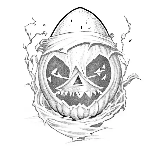 scarecrow with pumpkin head and a bat in a head tattoo design idea