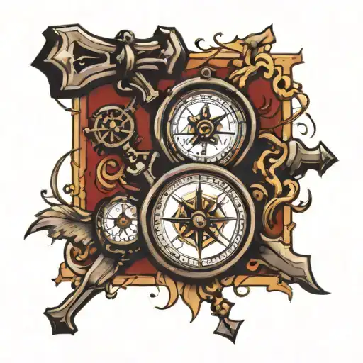 Christian cross with clock and compass tattoo design idea