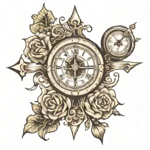cross with clock and compass tattoo design idea