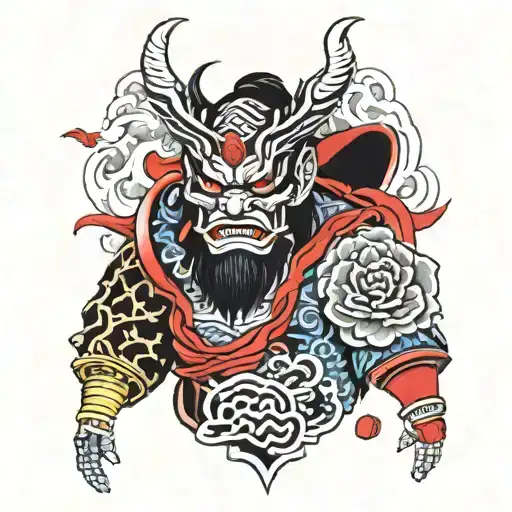 samurai, mask tengu and oni demon mask tattoo design idea