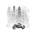 A futuristic cyberpunk cityscape with a lone motorbike rider speeding through the neon-lit streets tattoo design idea