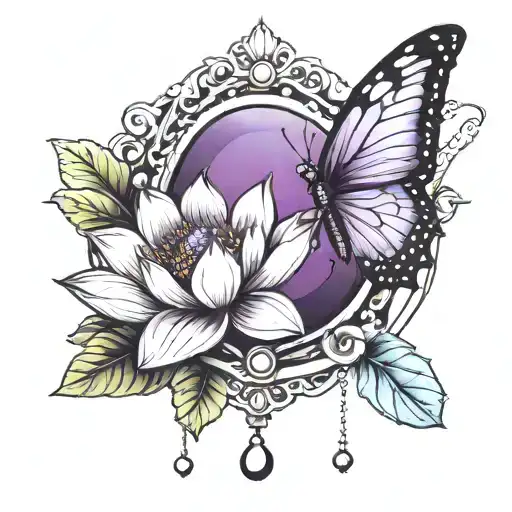 A tattoo design of a amethyst stone with pearls inside a lotus and then a butterfly flying towards it no color make sur  tattoo design idea