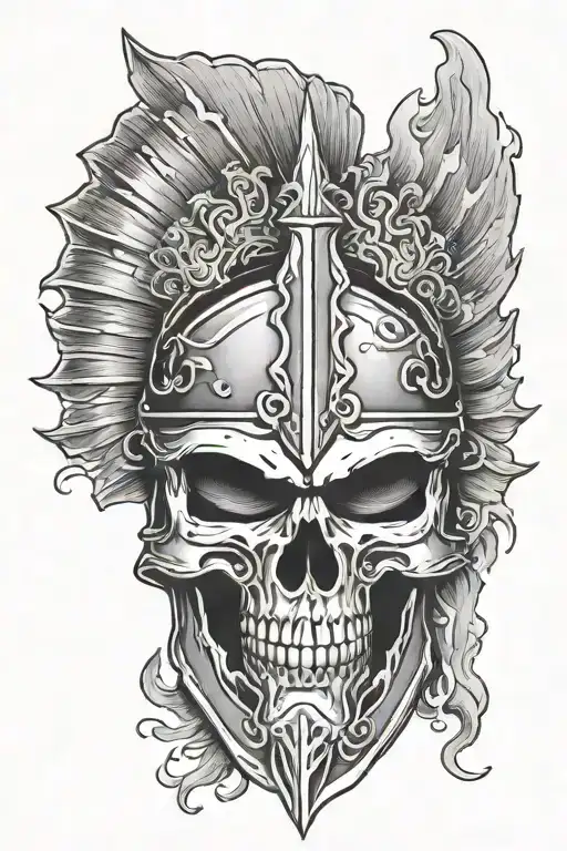 spartan helmet skull underneath with smoke rising tattoo design idea