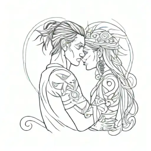 one line tattoo, tribal couple love tattoo design idea