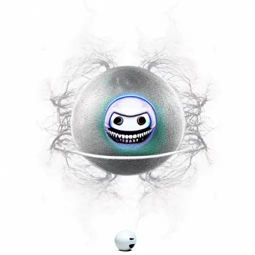 Black ball-like flying creature, evil laughing, only mouth and eyes are distinguishable tattoo design idea