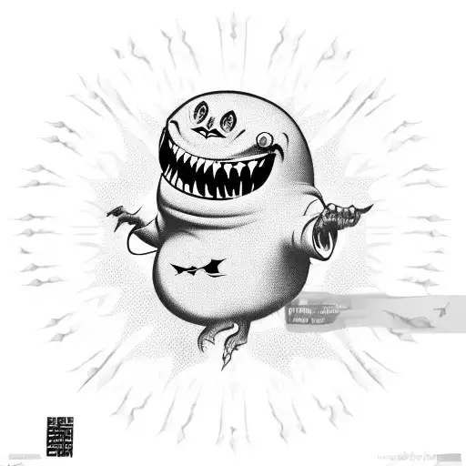 Black ball-like flying creature, evil laughing, only mouth and eyes are distinguishable tattoo design idea
