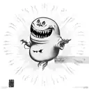 Black ball-like flying creature, evil laughing, only mouth and eyes are distinguishable tattoo design idea