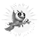 Black ball-like flying creature, evil laughing, only mouth and eyes are distinguishable tattoo design idea