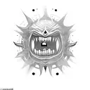 Black ball-like flying creature, evil laughing, only mouth and eyes are distinguishable tattoo design idea