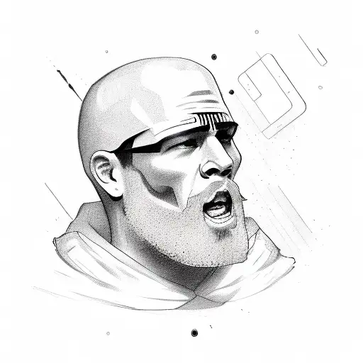 An outlaw biker portrait surrounded by football players and technological symbols tattoo design idea