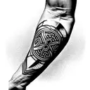 A sleeve for the right arm with a Viking theme and with some touches of the sport of handball tattoo design idea
