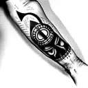 A sleeve for the right arm with a Viking theme and with some touches of the sport of handball tattoo design idea