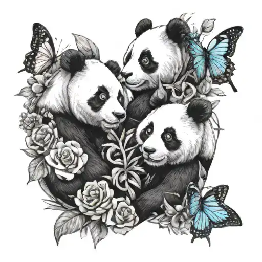 A beautiful composition of panda bears and butterflies forming a heart shape around the initials of your love interest tattoo design idea