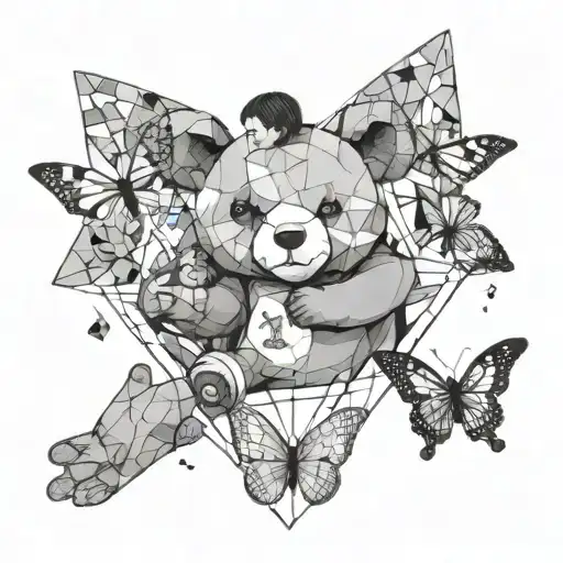 A pediatric doctor holding a teddy bear while butterflies fly around them tattoo design idea