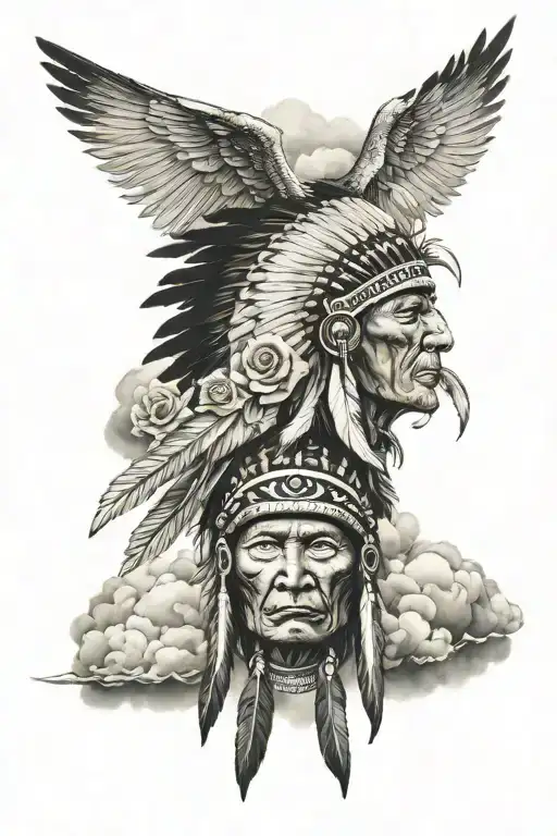 Indian chief head, dragon fly, eagle, clouds, rose tattoo design idea