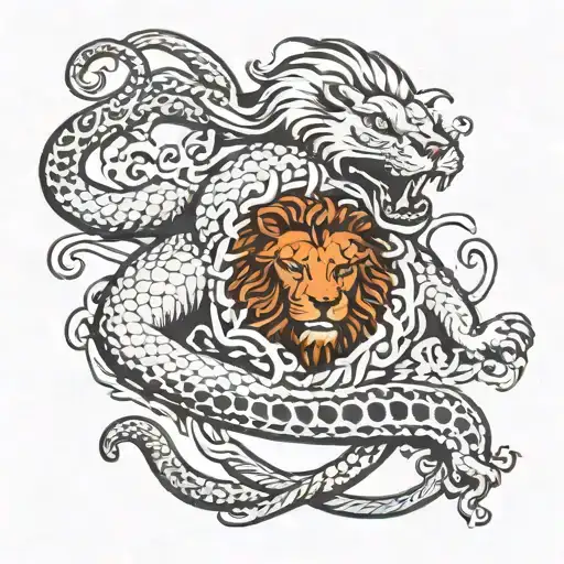 black and white lion fighting a snake coiled from Birds Eye view  tattoo design idea