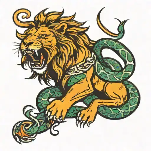 lion fighting a snake wrapped tattoo design idea