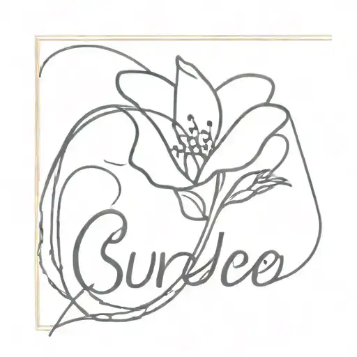 A minimalist design of a single flower with the word 'surrender' in elegant script tattoo design idea