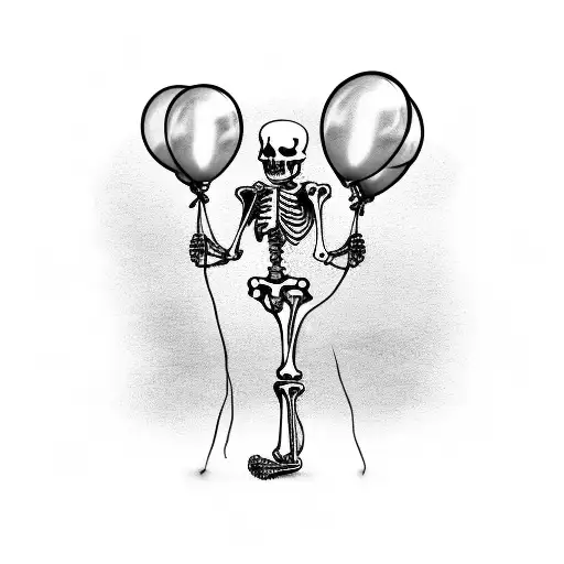 Skeleton standing emotionless und holding 3 balloons in its hand tattoo design idea