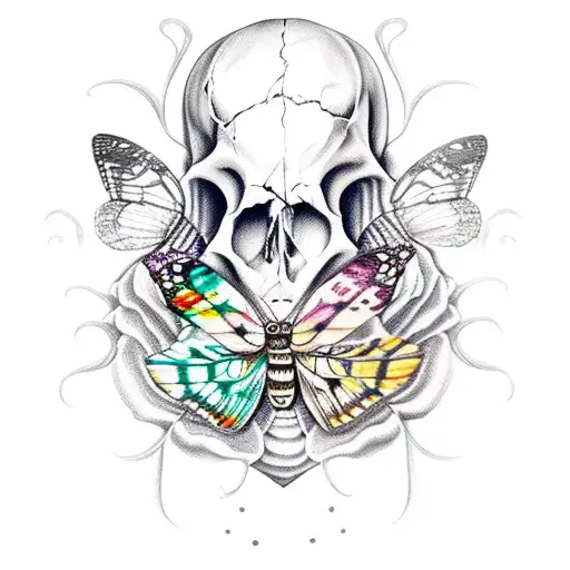 woman hugs skull moth butterfly death tattoo design idea