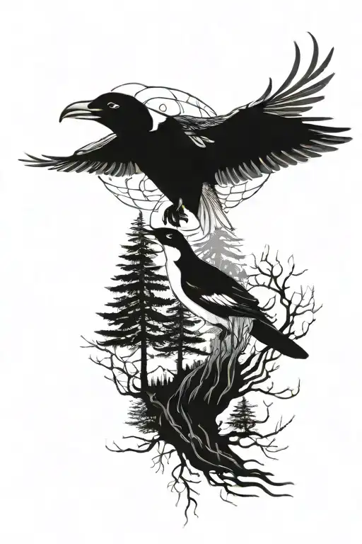 raven, orca, pine tree intertwined tattoo design idea
