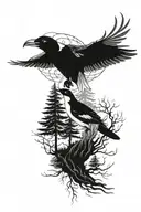 raven, orca, pine tree intertwined tattoo design idea