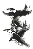 raven, orca, pine tree intertwined tattoo design idea
