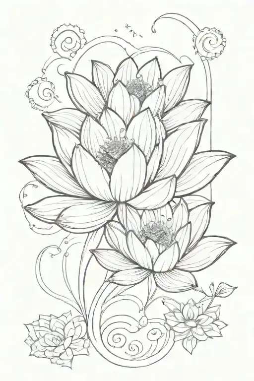 A small fine line lotus with a crescent below it with feminine ink flourish lines around it.  tattoo design idea