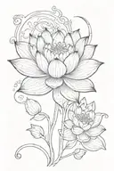 A small fine line lotus with a crescent below it with feminine ink flourish lines around it.  tattoo design idea