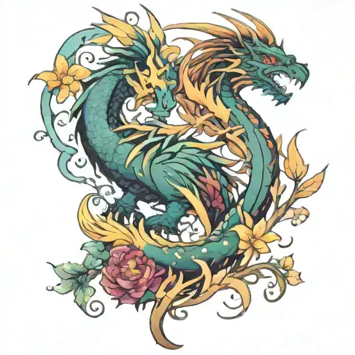 phoenix and dragon and flovers tattoo design idea