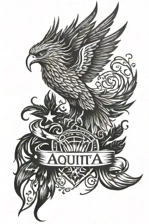Phoenix rising from flames left arm sleeve tattoo featuring the word aequitas, American flag, trees, St Michael tattoo design idea