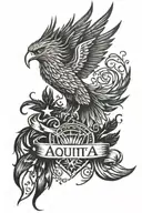 Phoenix rising from flames left arm sleeve tattoo featuring the word aequitas, American flag, trees, St Michael tattoo design idea