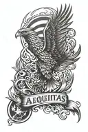 Phoenix rising from flames left arm sleeve tattoo featuring the word aequitas, American flag, trees, St Michael tattoo design idea