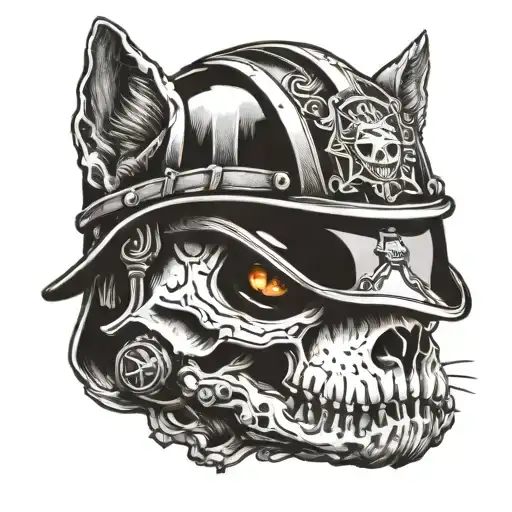 cat skull wearing firefighter helmet tattoo design idea