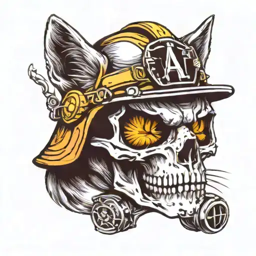 cat skull wearing firefighting helmet tattoo design idea