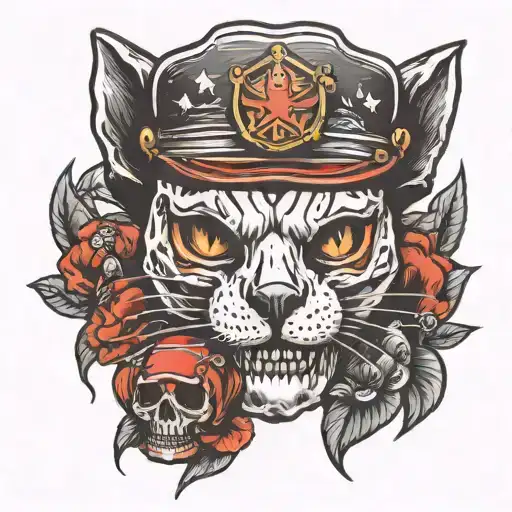 cat skull wearing firefighter helmet tattoo design idea