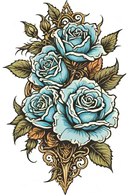 blue roses with thorns wrapping cross from left hand to neck tattoo design idea