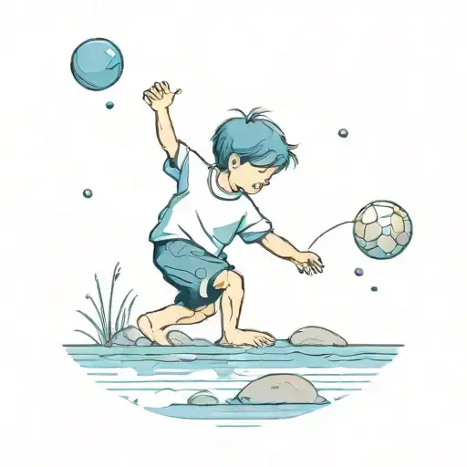 color blue, ball, 2 year old boy throwing rocks into creek,  tattoo design idea