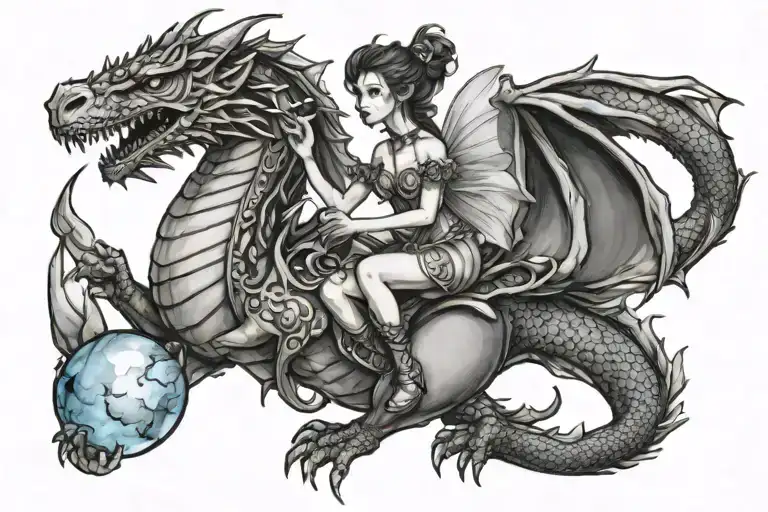 Fairy holding a moonstone while riding a dragon tattoo design idea