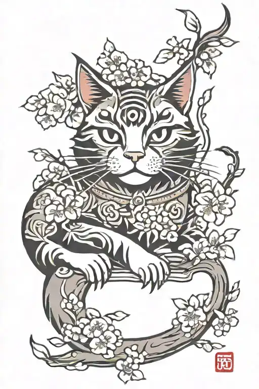 traditional Japanese cat tattoo with cherry blossoms  tattoo design idea