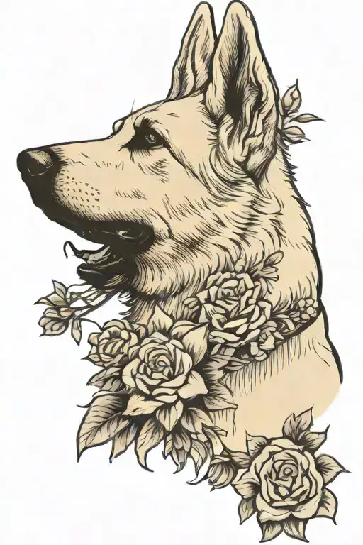 White German Shepherd profile with flowers tattoo design idea