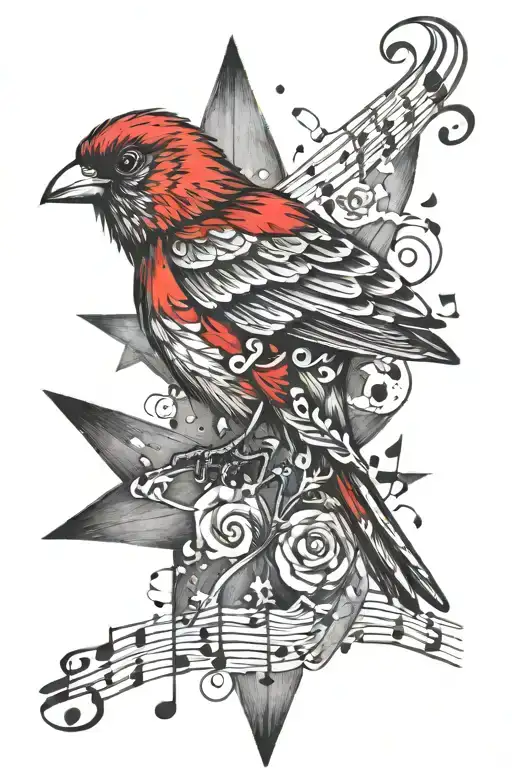red bird with music notes and star tattoo design idea
