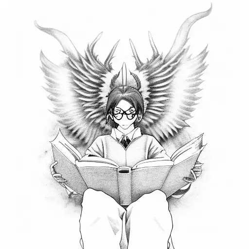 A librarian with demon wings reading an anime book tattoo design idea