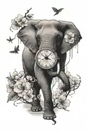 one elephant with a cherry blossom tree in the background  petals. falling with a compass clock  tattoo design idea