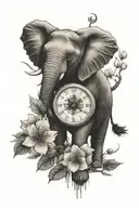 one elephant with a cherry blossom tree in the background  petals. falling with a compass clock  tattoo design idea