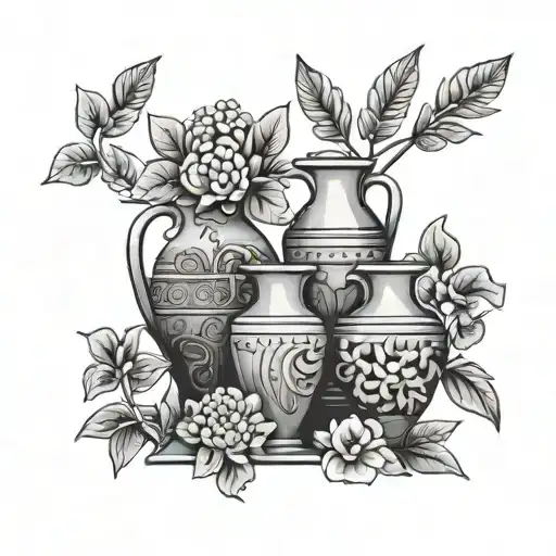 ancient greece flash sheet with plants and vases tattoo design idea